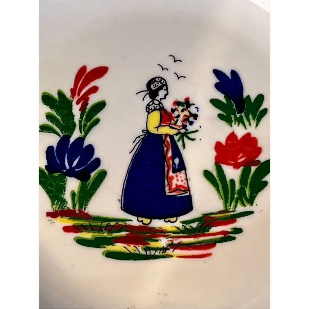 Varages Peasant Woman Bowl 9.25 Inch Soup Bowls with Cobalt Trim 1960s France